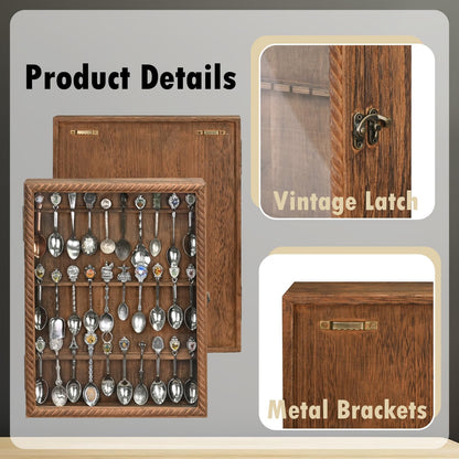 Wooden 30-Souvenir Spoon Display Case Cabinet, Wall-Mounted Tea Spoon Rack with Tempered Glass Door Suitable for Collection Display, Brown Color, 13.4W X 2.6D X 15.7H In