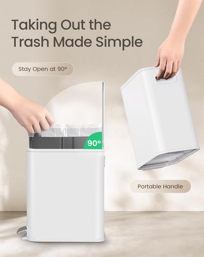 Small Bathroom Trash Can with Lid Soft Close, Step Pedal, 5 Liter / 1.3 Gallon Stainless Steel Garbage Can with Removable Inner Bucket, Waste Basket for Bathroom, Bedroom (White)