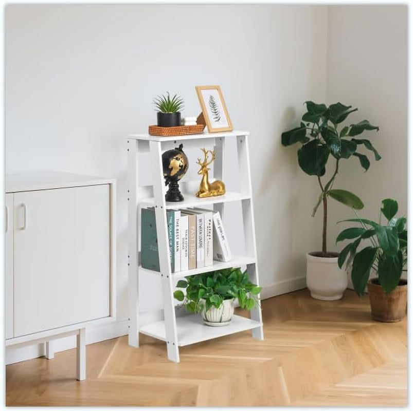 4-Tier Ladder Bookshelf, White Wood Display Storage Rack, Modern A-Frame Bookcase for Living Room Bedroom Office, 33.4H X 19.6W X 11.8D Inches