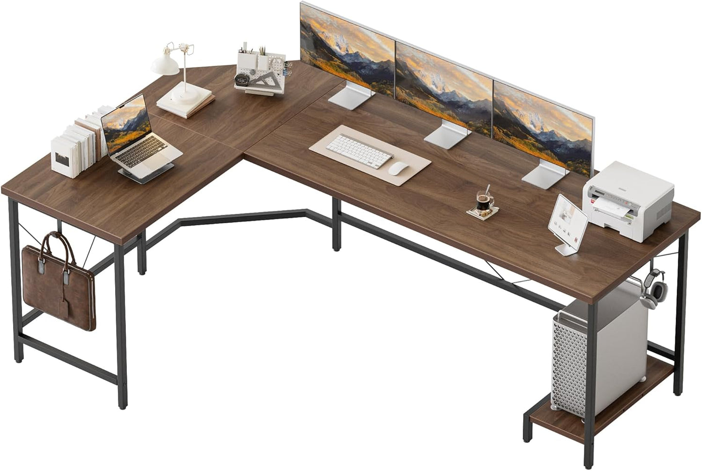 66 Inch Large L Shaped Desk, Simple Corner Gaming Desk with CPU Stand & Hooks, Computer Desk for Home, Bedroom & Office Workspace, Walnut