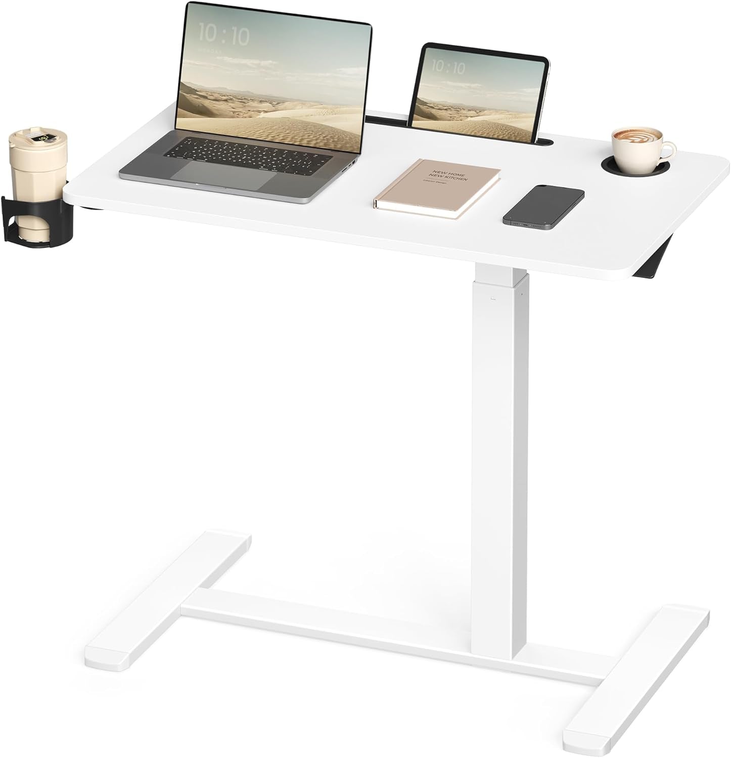 Overbed Table with Wheels, Mobile Standing Computer Desk, 31.5 X 17.7 Inches Tabletop, Adjustable Height, 2 Cup Holders, Phone and Tablet Slot, Cloud White ULSD601W01