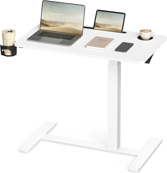 Overbed Table with Wheels, Mobile Standing Computer Desk, 31.5 X 17.7 Inches Tabletop, Adjustable Height, 2 Cup Holders, Phone and Tablet Slot, Cloud White ULSD601W01