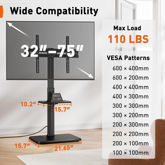 Floor TV Stand with Power Outlet, Universal TV Stand for 32-75 Inch Tvs up to 110 Lbs, Height Adjustable Standing TV Mount, Tall TV Mount with Wood Base, Max VESA 600X400Mm, PGFS06