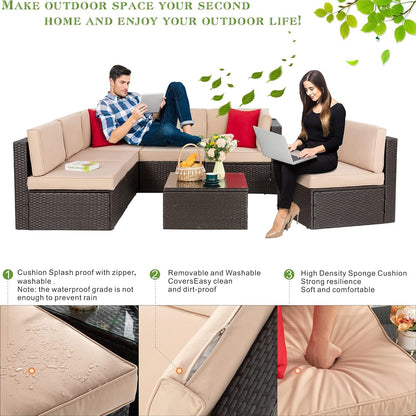7 Pieces Patio Furniture Sets, Outdoor Modular Sectional Sofa Patio Conversation Set PE Rattan Wicker Sectional Couch with Cushion, Glass Table for Patio, Garden, Poolside, Beige