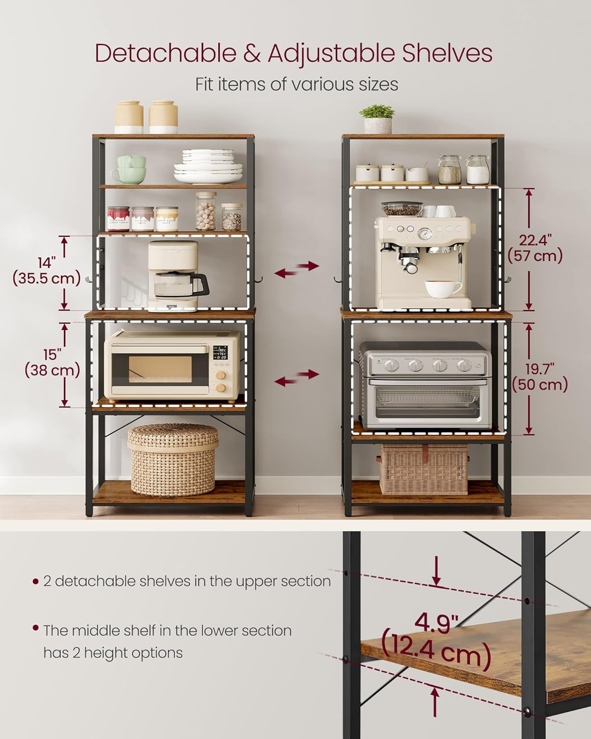Coffee Bar, Baker’S Rack for Kitchen with Storage, 6-Tier Kitchen Shelves with 6 Hooks, Microwave Stand, Industrial, 15.7 X 23.6 X 65.7 Inches, Greige and Black UKKS024B02