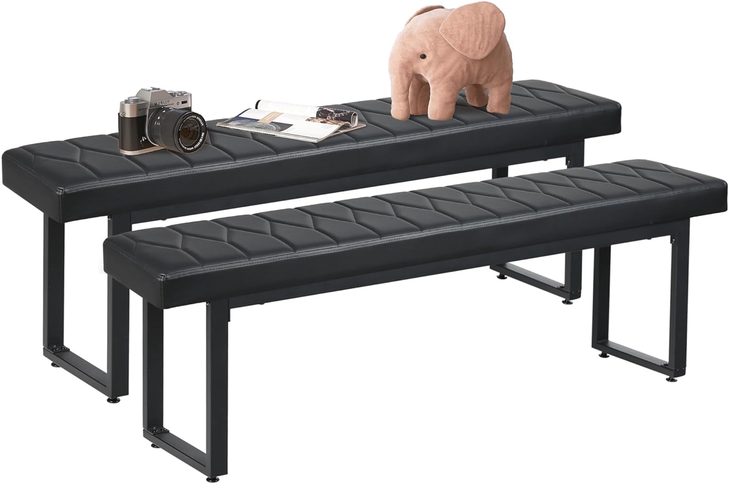 58” Padded Dining Table Bench Pair of 2 for 6-8 Person, Faux Leather Indoor Cushioned Extra Long Bench for Dining Room Table, Bedside Shoe Entryway Benches (Black, 58")