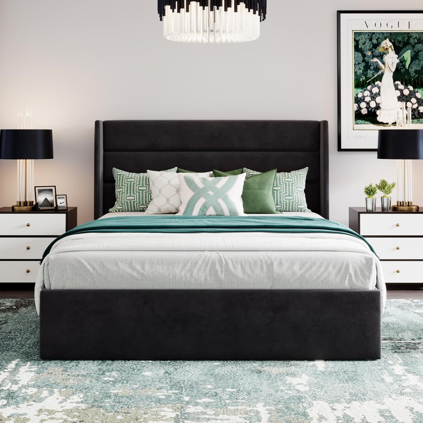 Queen Size Lift up Storage Bed/Velvet Upholstered/Modern Wingback Headboard/Upholstered Platform Bed Frame/Hydraulic Storage/No Box Spring Needed/Black