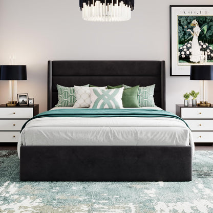 Queen Size Lift up Storage Bed/Velvet Upholstered/Modern Wingback Headboard/Upholstered Platform Bed Frame/Hydraulic Storage/No Box Spring Needed/Black