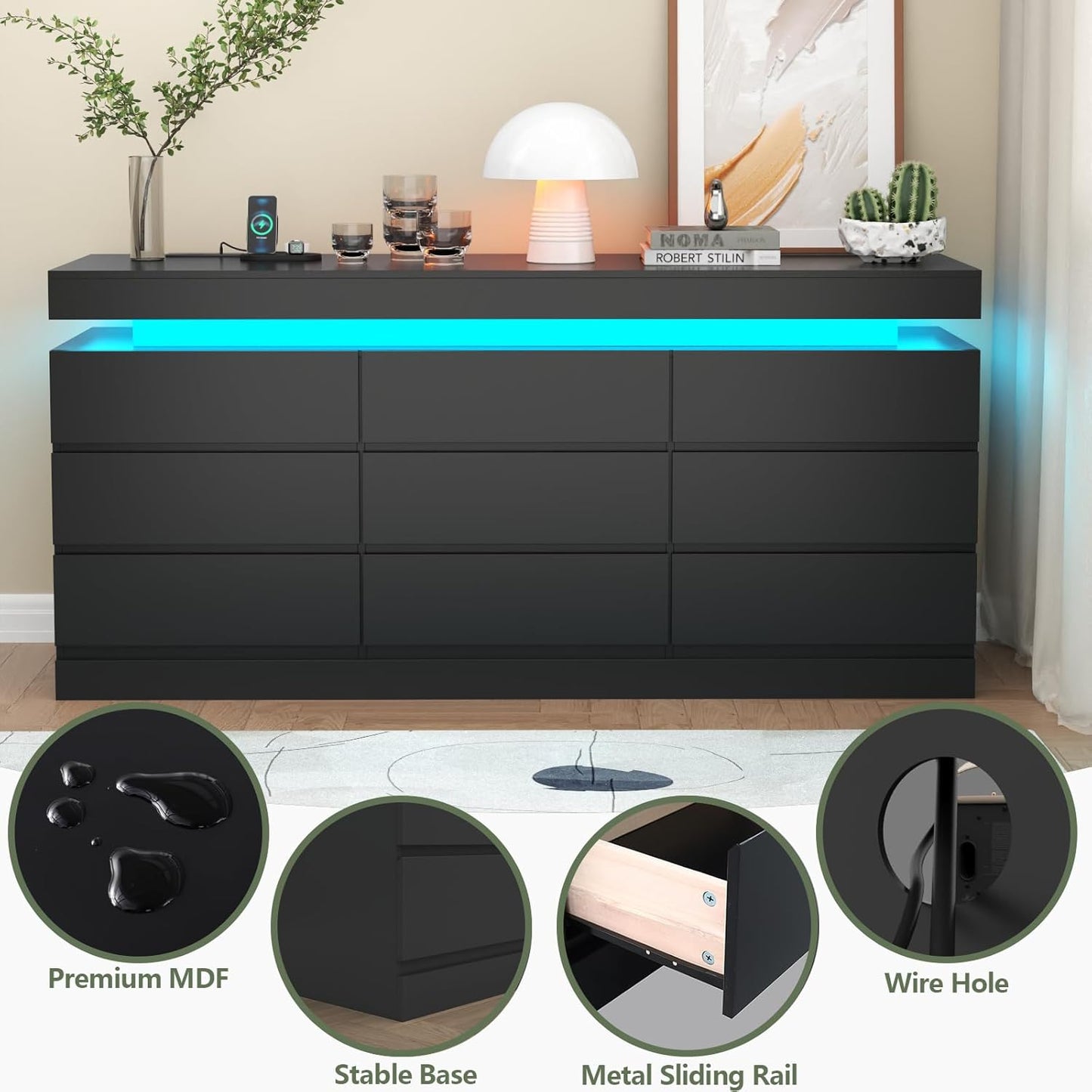 9 Drawer Dresser with Power Outlet, Dresser with LED Light, Modern Chest of Drawers for Closet, Double Wide Drawer Organizer Cabinet for Bedroom, Living Room (Black, 9 Drawers)