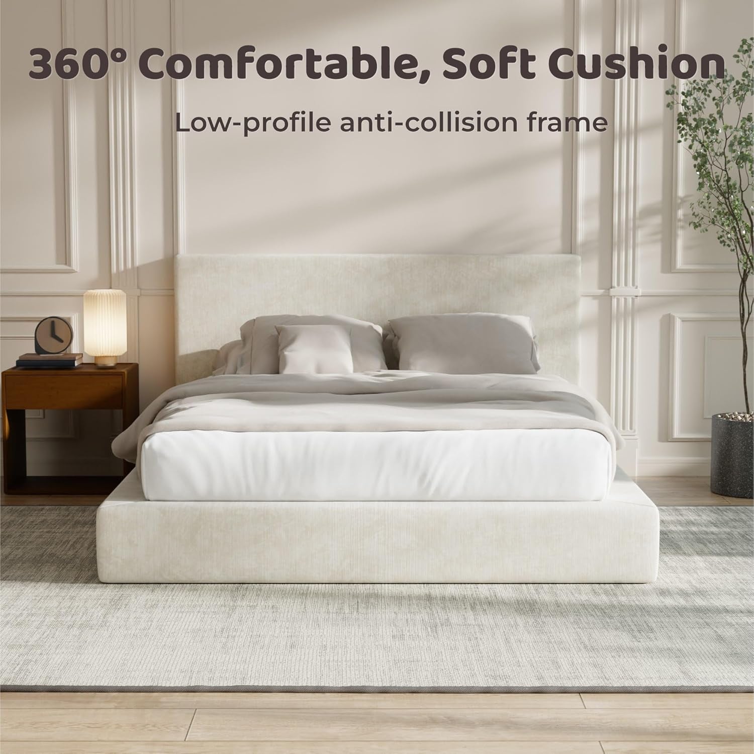 Airframe King Size Bed Frame with Headboard, Cloud Upholstered Platform Bed Frame, 5 Inch Foam Cushioned, No Box Spring, Easy Assembly(Beige Chenille)
