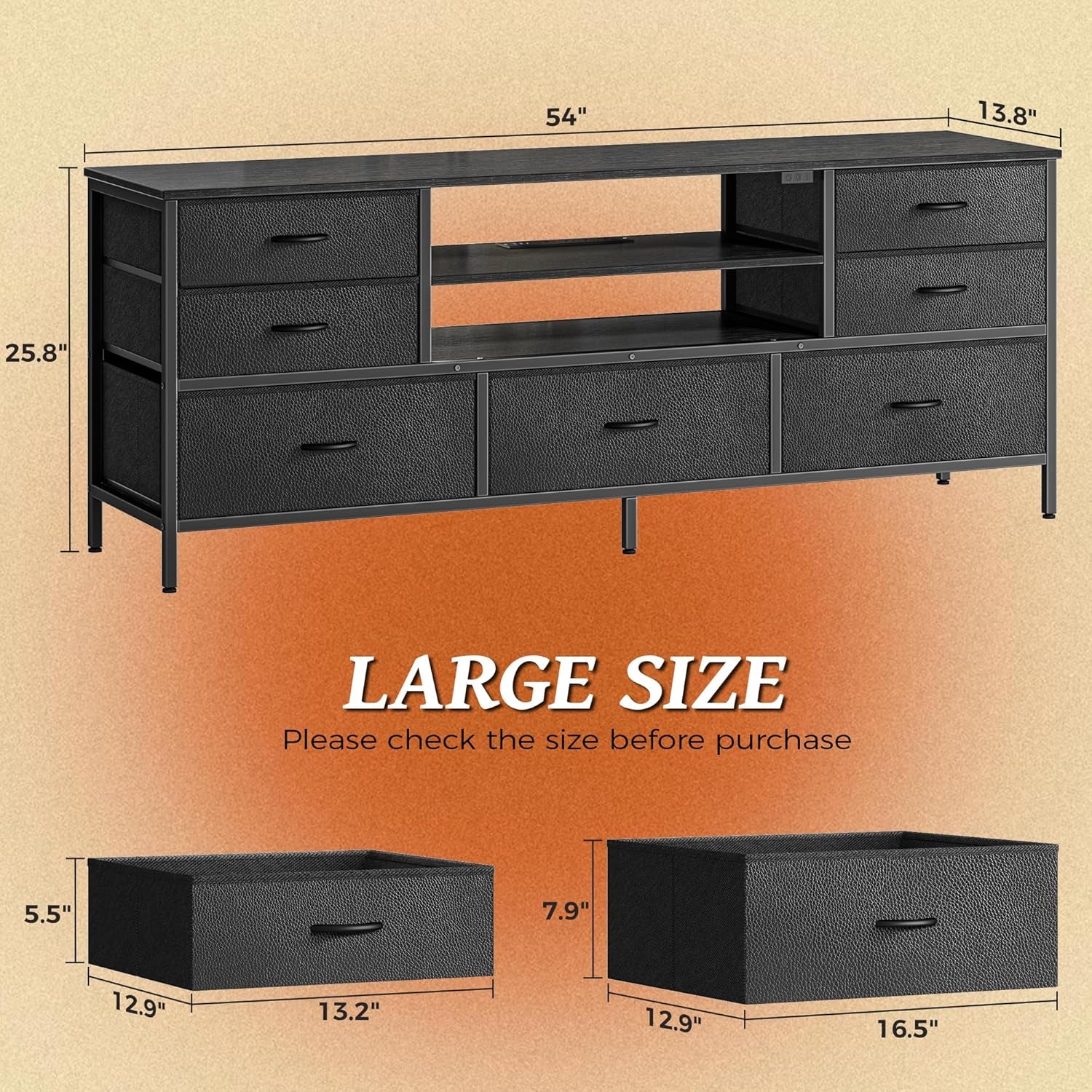 Dresser for Bedroom with Power Outlets and LED Lights, 7 Drawers TV Stand for 60 Inch TV, Console with Open Shelf, 55 Inches Wide Black, PU Leather