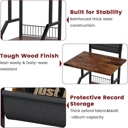 Record Player Stand with Vinyl Storage, Record Player Table Holds up to 200 Albums, 5-Tier Turntable Stand for Living Room, Rustic Brown