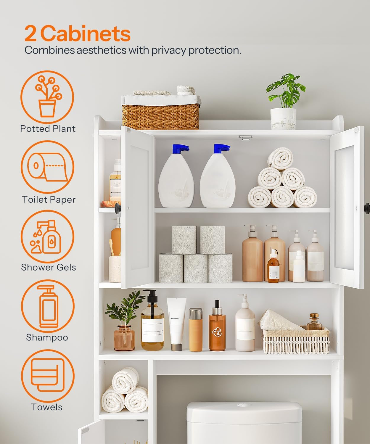 over the Toilet Storage Cabinet, Farmhouse over Toilet Bathroom Organizer with Doors and Adjustable Shelves, 31.5" W X 7.5" Dx 66.7" H, Space-Saving for Bathroom, Laundry, White WT80TS01N1