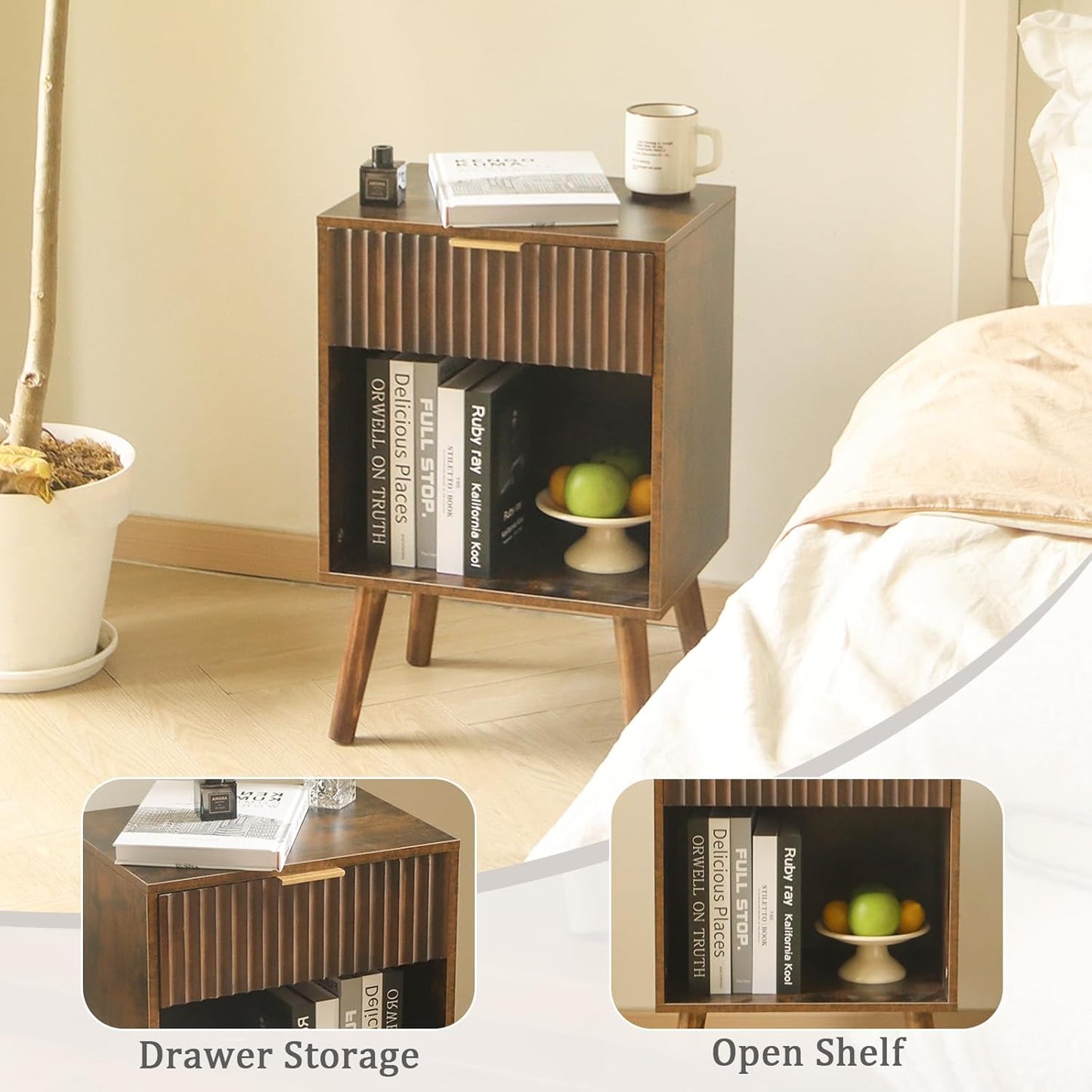 Mid Century Modern Nightstand, Wood Bedside Table with Drawer and Opening Storage, End Table Living Room Fluted Night Stand with Solid Wood Legs for Bedroom (Rustic Brown) | Drawer, Opening Storage, End Table, Living Room, Fluted, Night Stand