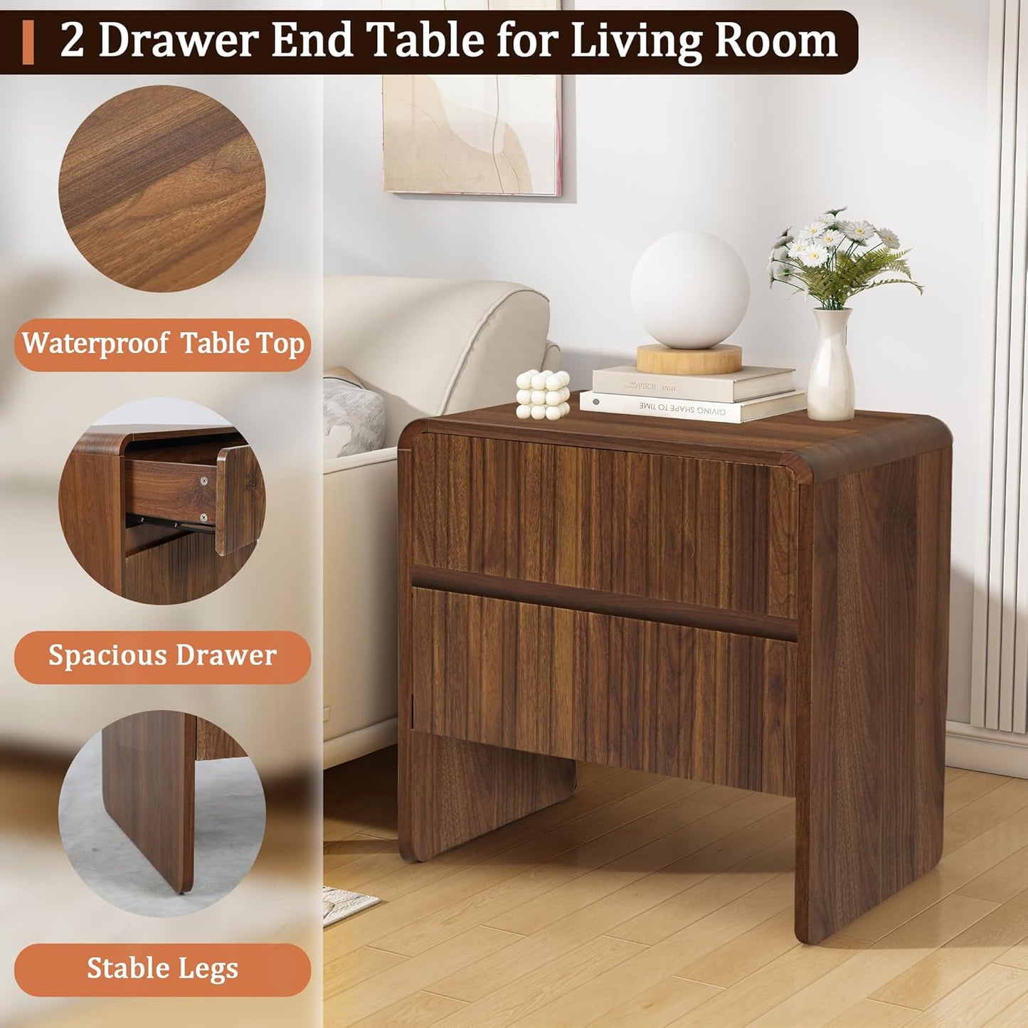 Flute 2 Drawer Dresser,Mid Century Modern Small Nightstand with 2 Drawer for Bedroom, Wood Side Table with Curved Profile for Living Room,Hallway,Enterrway (Brown, 2 Drawers)