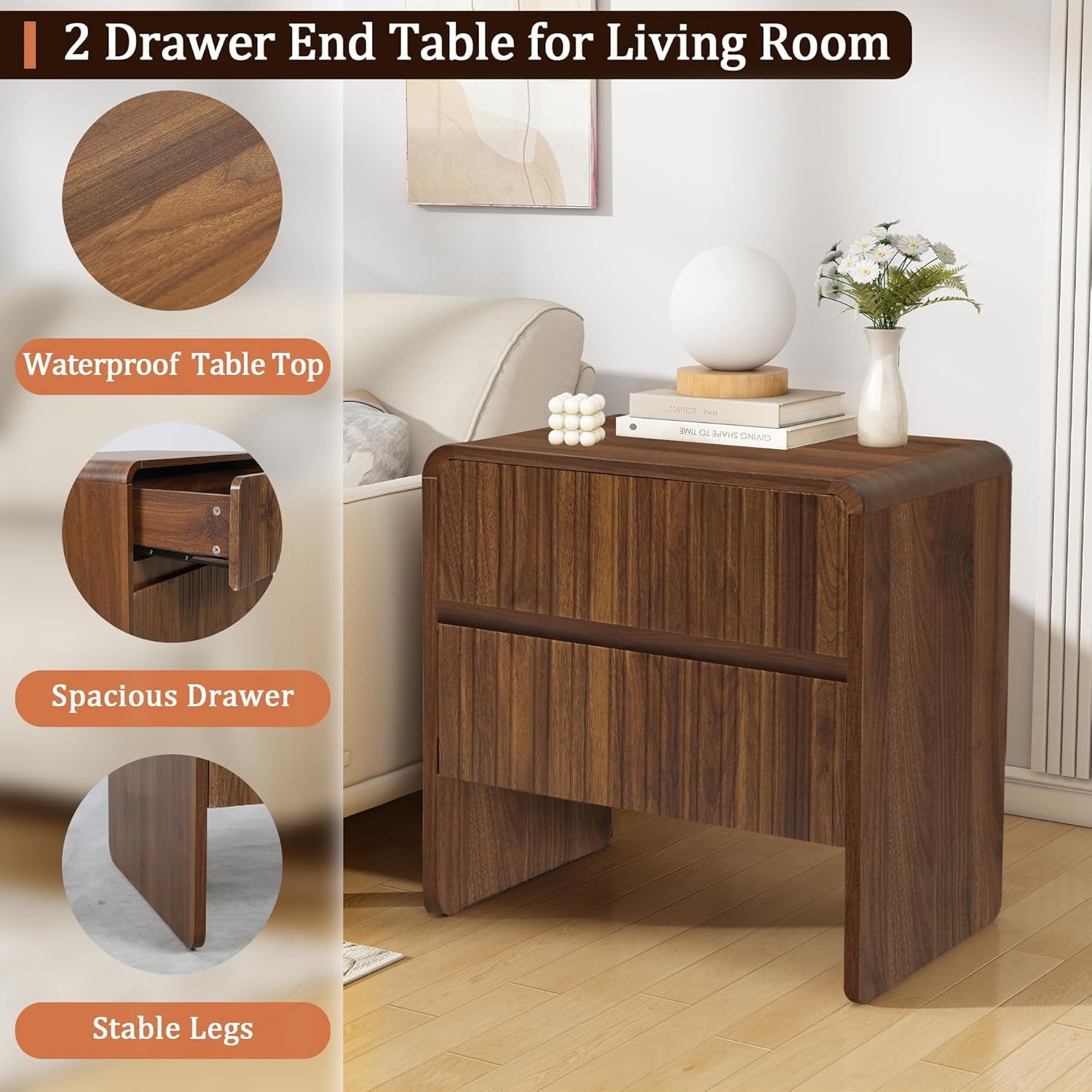 Flute 2 Drawer Dresser,Mid Century Modern Small Nightstand with 2 Drawer for Bedroom, Wood Side Table with Curved Profile for Living Room,Hallway,Enterrway (Brown, 2 Drawers)