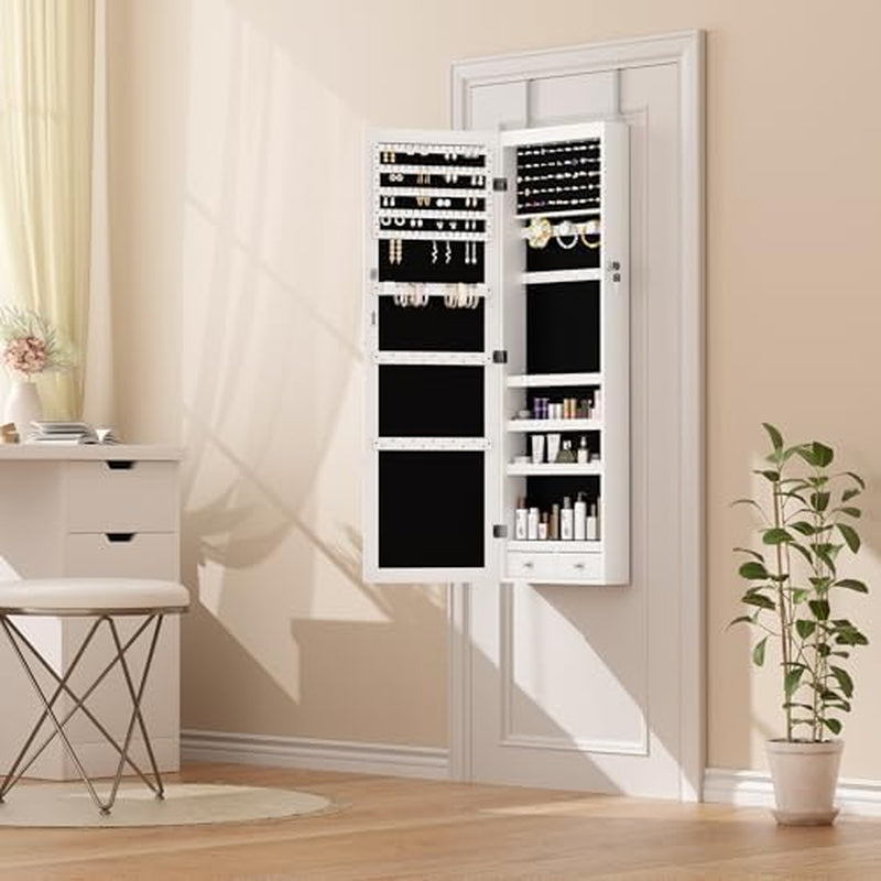 6 Leds Jewelry Cabinet Organizer, 47.2-Inch Jewelry Armoire with Full-Length Mirror, Wall or Door Mounted Jewelry Storage, Lockable Large Capacity Storage, White