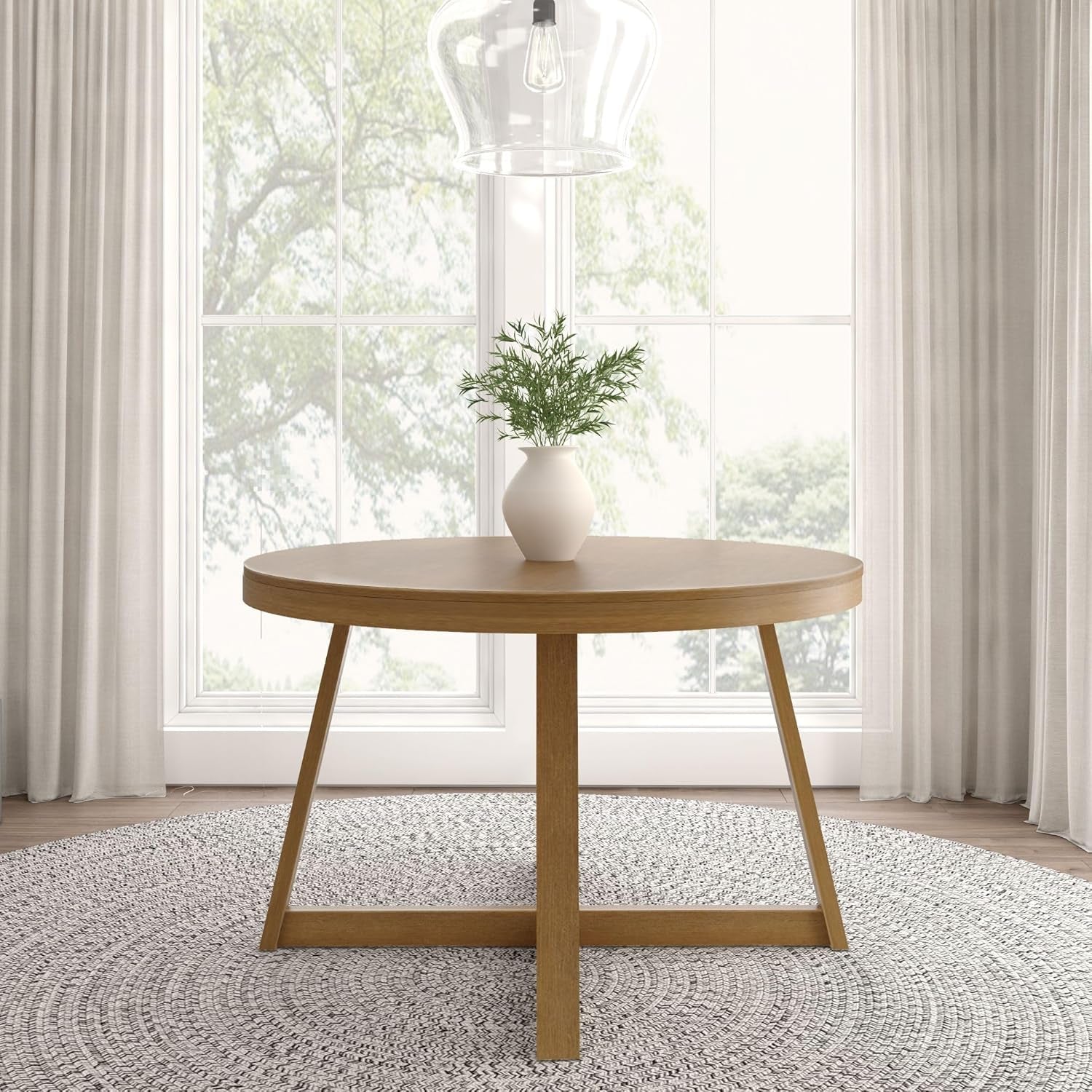 round Dining Table, 47 Inch Solid Wood Kitchen Table, Farmhouse round Table for 4, Small Dinette Table, Pecan Wirebrush