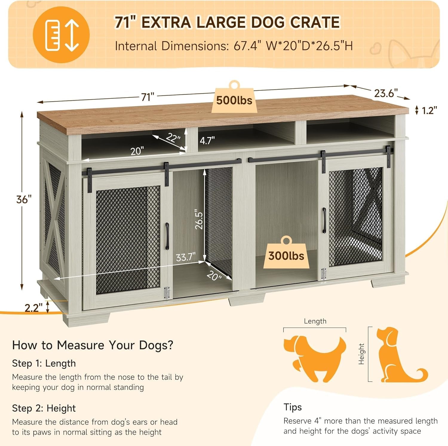 71" Extra Large Dog Crate Furniture, Wooden Double Dog Crates Kennel Cage,Furniture Style Tv Stand Side End Table for 2 Dogs with Removable Divider for Large Dogs,3 Storage,Dark Walnut/Ligh