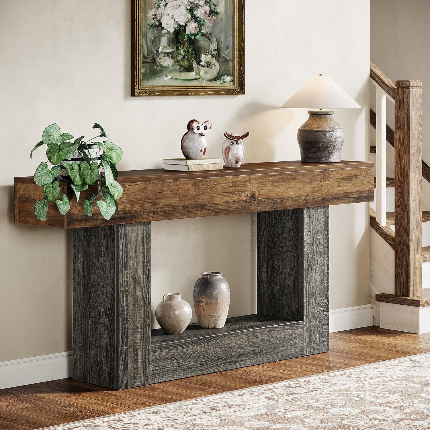 63" Console Table, Farmhouse 2-Tier Entryway Table with U-Shaped Base, Narrow Long Wood Sofa Table behind Couch Table for Living Room, Hallway, Foyer, Vintage Brown & Gray