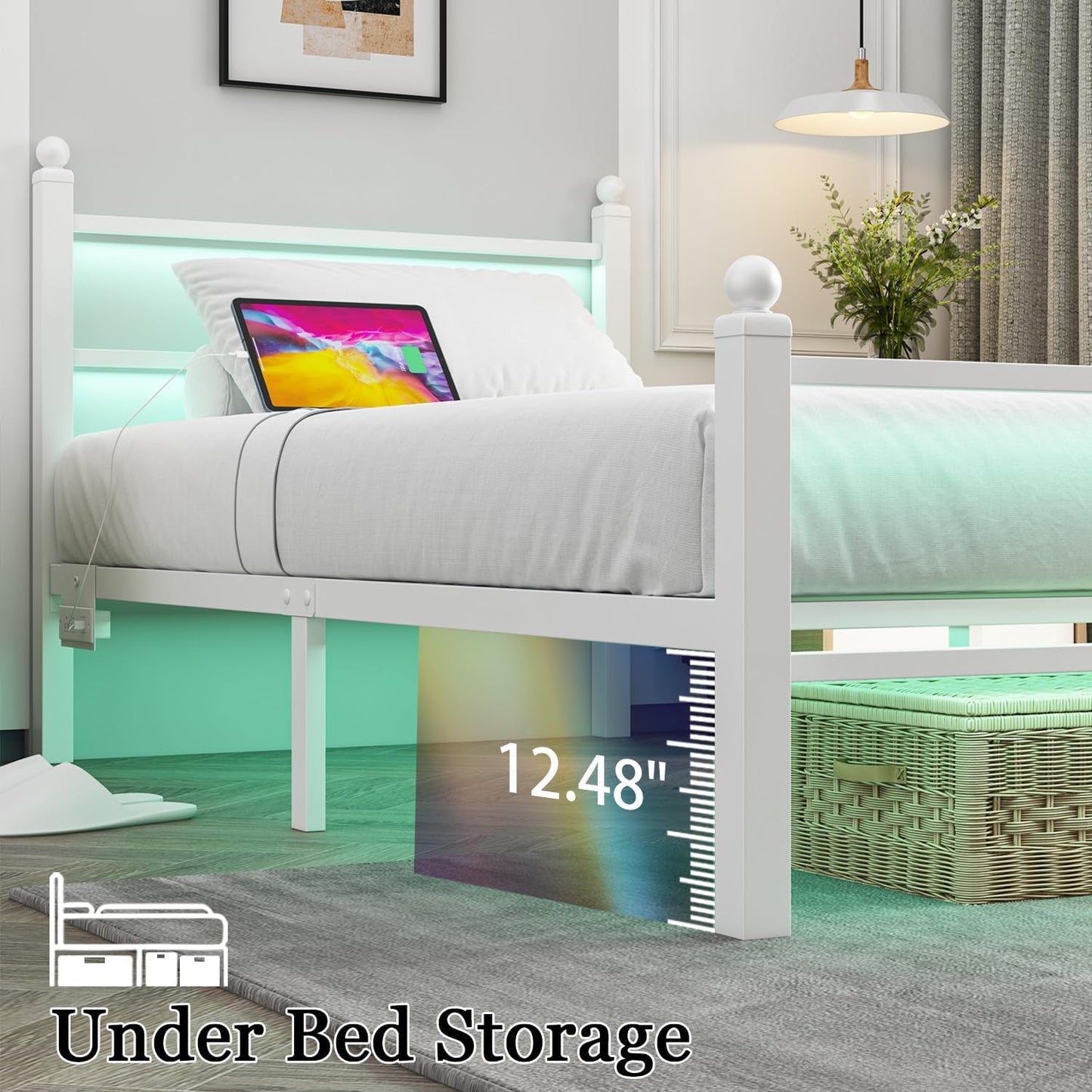 Twin Size Bed Frames with Charging Ports&Led Lights,Heavy Duty Metal Slats Support,No Box Spring Needed,Noise Free,No Squeak,Easy Assembly,For Girls Kids,White
