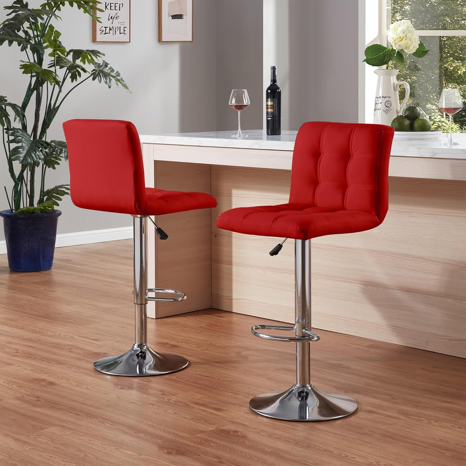 Bar Stools 1 Set of 2, Counter Height Bar Stools, Square Cushion Bar Stools with Back, Footstool, Cafe, Red, 2 Pieces