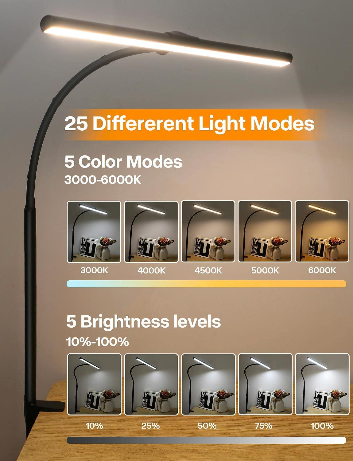 Desk Lamp for Office Home - Eye-Caring Architect Task Lamp 25 Lighting Modes Adjustable LED Desk Lamp Flexible Gooseneck Clamp Light for Workbench Drafting Reading Study