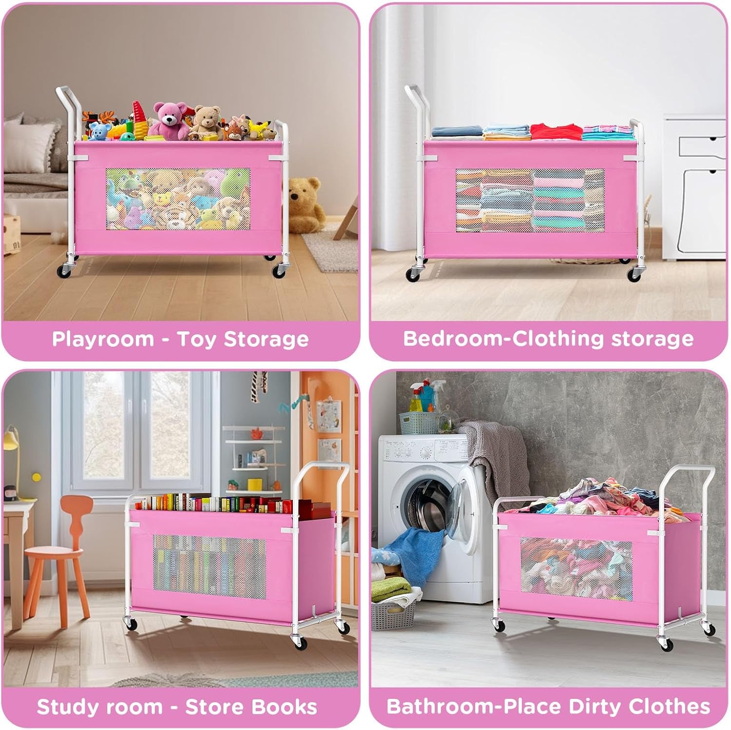 Extra Large Toy Box for Kids with 360° Rotating Wheels, Heavy Duty Toy Chest for Boys and Girls, Toy Storage Organizer for Kids, Toy Bins for Living Room, Nursery, Bedroom (Pink)