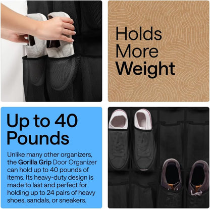 over the Door Shoe Organizer, 24 Large Breathable Mesh Pockets, Space Saving Hanging Storage Holder, Closet Rack Hanger Holds up to 40 Lbs, Hangs on Closets for Shoes, Accessories, Black