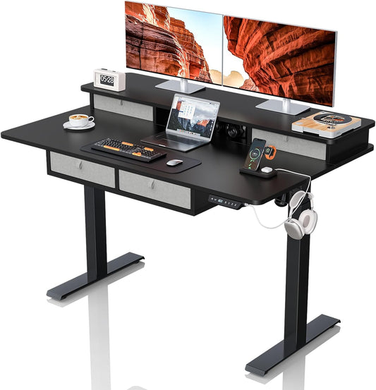 Electric Standing Desk with Drawers & USB Charging Port, 48''X 30''Adjustable Height Sit Stand up Widened Desktop Desk, Computer Office Desks with Storage for Home Workstation, 3 Memory Height Preset