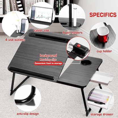 plus XL Adjustable Laptop Desk with Light, USB Port, Ipad Holder, Drawer Storage - Larger 23.6IN Adjustable Lap Desk for Bed, Home Office, Breakfast Tray, Fordable Legs Desk (Black)