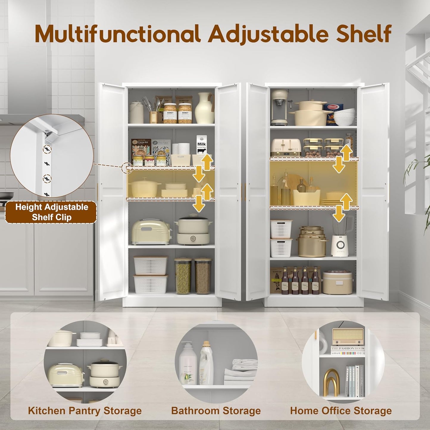 71" Kitchen Pantry Cabinet, Pantry Storage Cabinet with Doors and 4 Shelves, Metal Storage Cabinets for Kitchens, Living Room, Dinning Room, Assembly Required, White