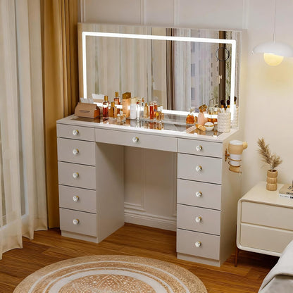 Glass Top Vanity Desk with Crystal Handles and 11 Drawers, Makeup Vanity with Mirror and Lights, 3 Lighting Modes Dressing Table, Power Outlet, Silent Slides, White