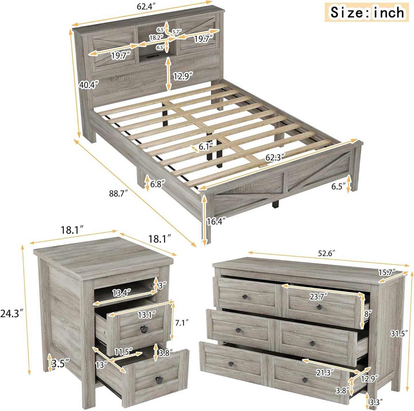 Farmhouse 3-Pieces Bedroom Sets, Queen Size Platform Bed with a Nightstand and 6-Drawer Storage, Wood Platform Bed with Double Sliding Door Storage Headboard and Charging Station (Antique Gray-3)