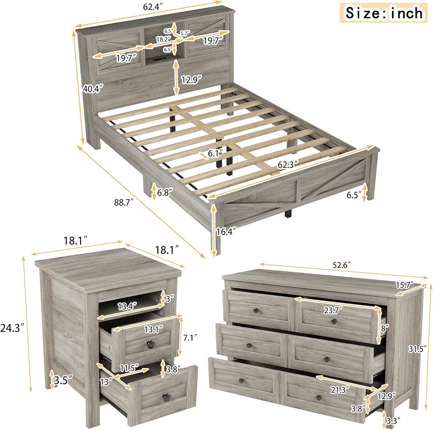 Farmhouse 3-Pieces Bedroom Sets, Queen Size Platform Bed with a Nightstand and 6-Drawer Storage, Wood Platform Bed with Double Sliding Door Storage Headboard and Charging Station (Antique Gray-3)