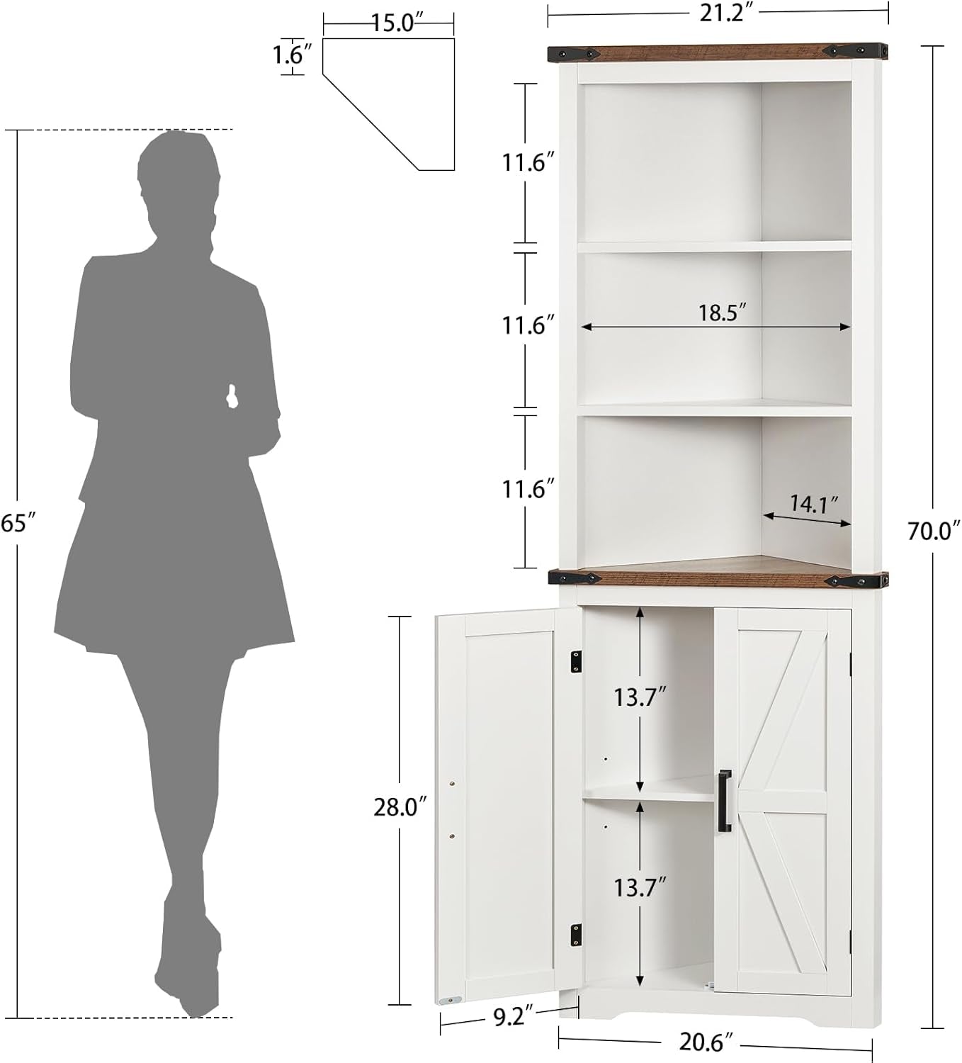 Farmhouse Corner Cabinet, 70" H Tall Corner Hutch with 5 Shelves & 2 Barn Doors, Bathroom Cabinet with Adjustable Shelf, for Living Room, Kitchen, Bathroom, White