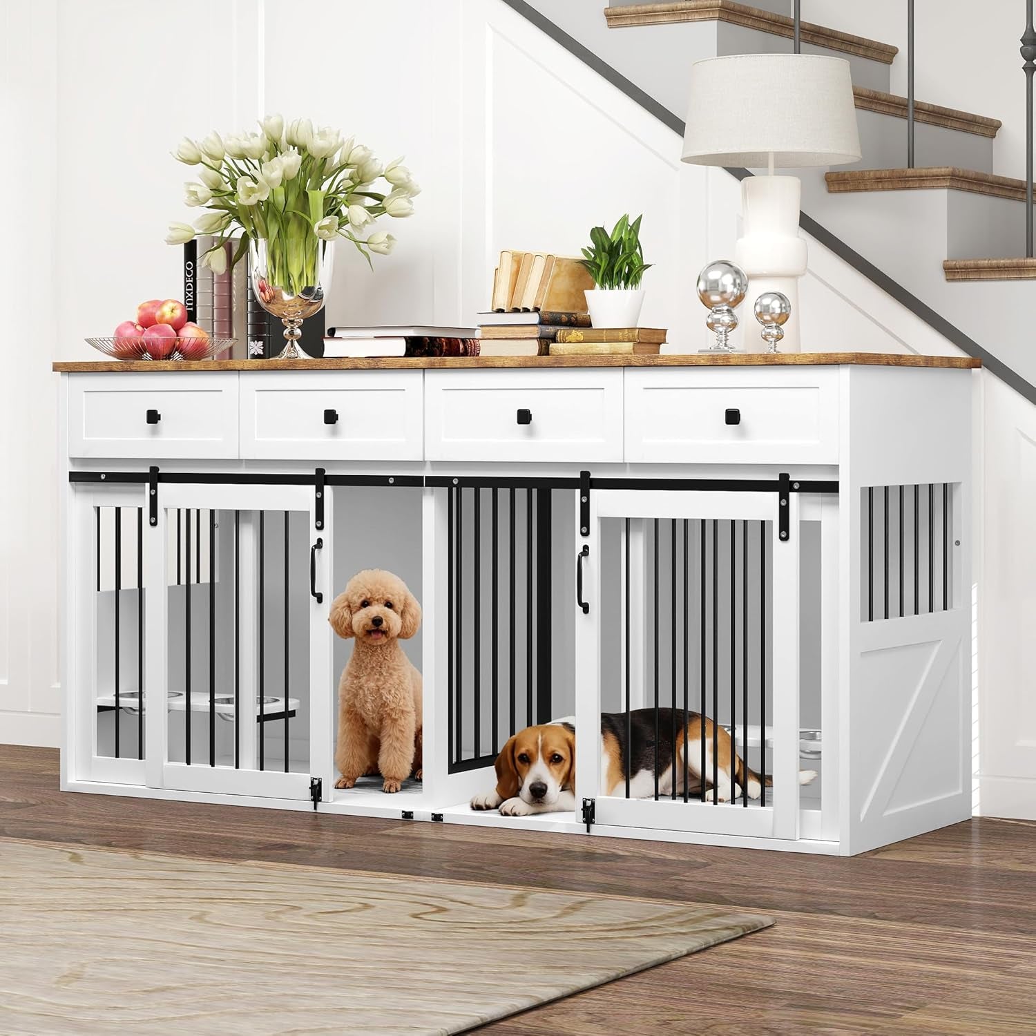 71” Large Dog Crate Furniture for 1 or 2 Dogs with Sliding Door, Heavy Duty Dog Kennel Furniture for Small/Medium Dogs with 4 Bowls, Dog Cage with Steel Frame, White