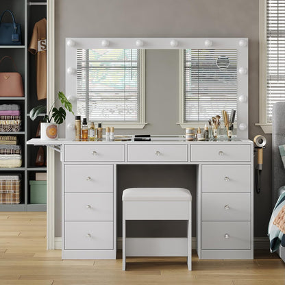 Makeup vanity desk with mirror, twelve LED lights, nine drawers and power outlet