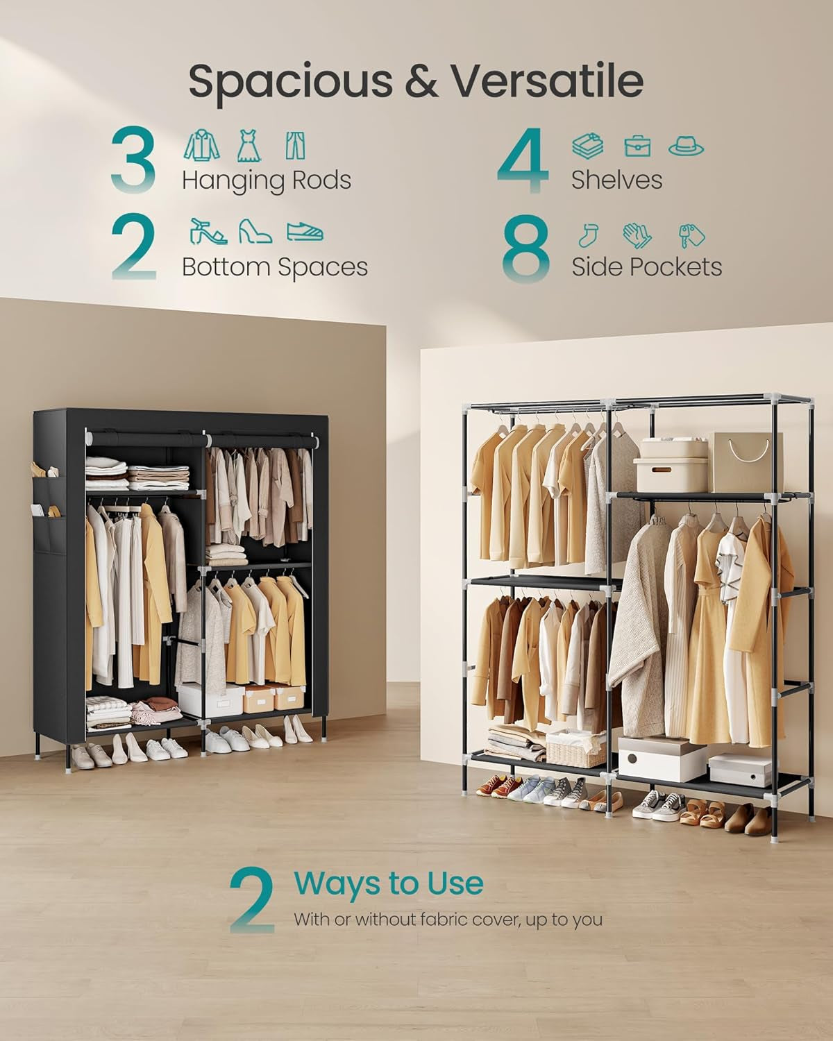 Portable Closet, Fabric Wardrobe, Clothes Rack with Shelves, Pockets, Large Capacity, 3 Hanging Rods, 17.7 X 50 X 70.9 Inches, Black URYG010BZ02