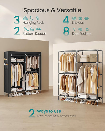 Portable Closet, Fabric Wardrobe, Clothes Rack with Shelves, Pockets, Large Capacity, 3 Hanging Rods, 17.7 X 50 X 70.9 Inches, Black URYG010BZ02