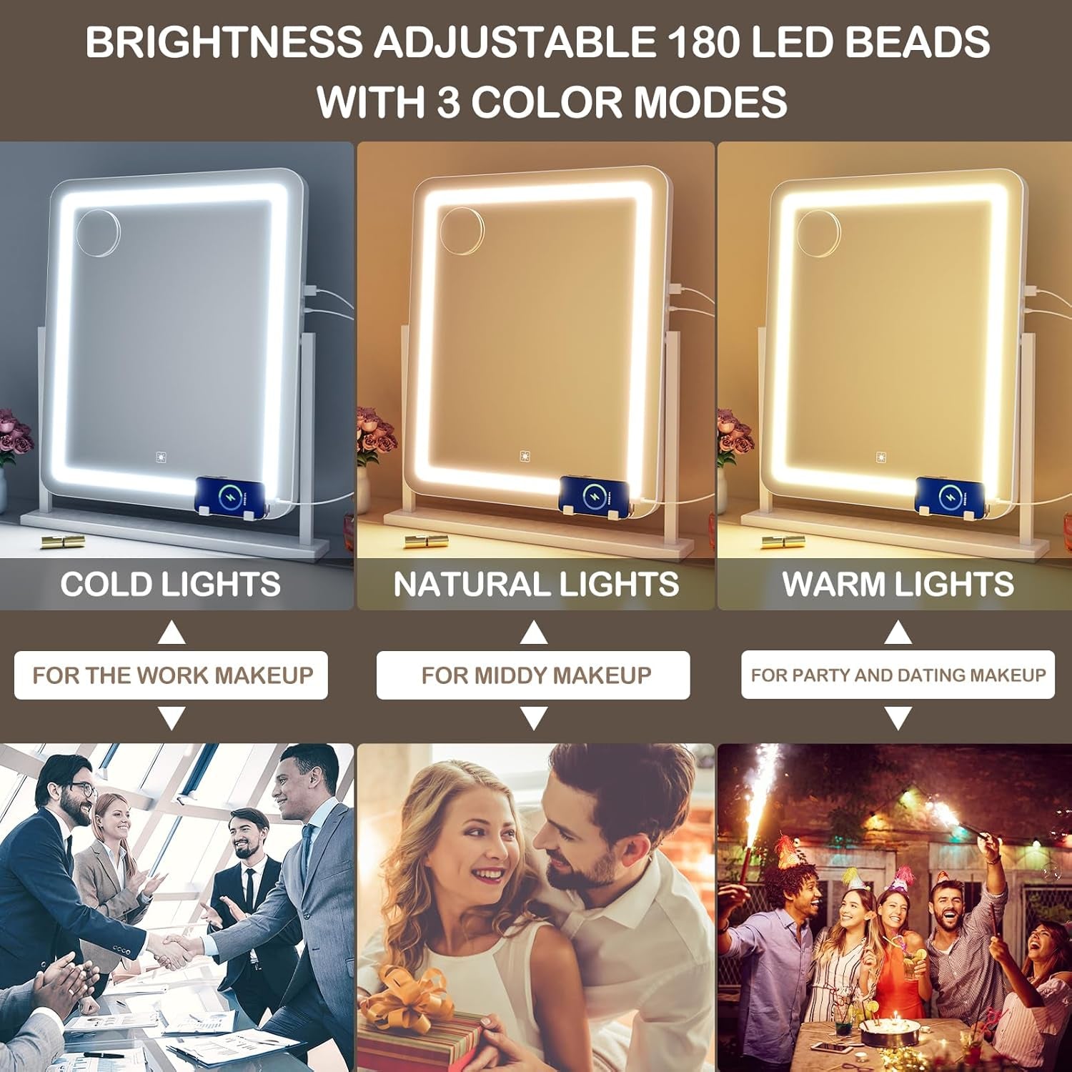 Makeup Vanity Mirror with Lights 15.2" Large LED Lighted Mirror, Hollywood Make up Mirror with Lighting for Bedroom Tabletop, Smart Touch,Detachable 10X Magnification 360° Rotation, (White)