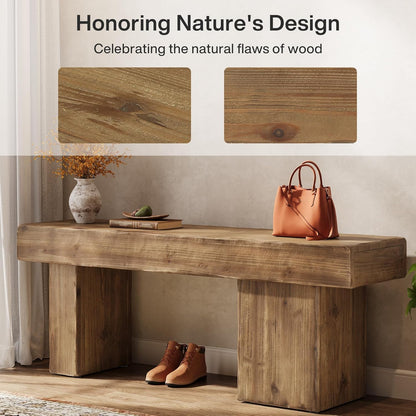Thickened Solid Wood Bench, 47" Rustic Farmhouse Entryway Bench with Artistic Legs, Heavy Duty Dining Bench for Kitchen, Living Room, Hallway, End of Bed, Natural Wood