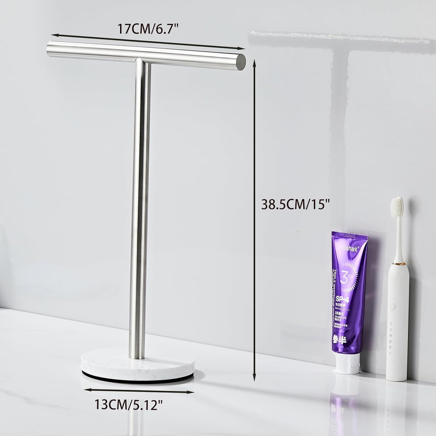 Hand Towel Holder, 15 Inch T-Shape Freestanding Towel Rack Stand for Bathroom & Kitchen Countertop with Brushed Nickel Finish and Marble Base