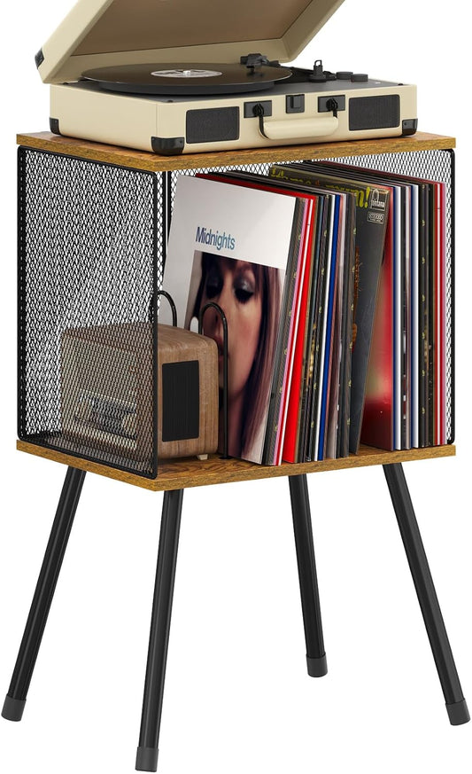 Record Player Stand with Storage up to 100 Albums, Retro Small Vinyl Record Holder - Adjustable Divider, Book/Lp Record Storage and Organizer Vinyl Table for Living Room, Bedroom