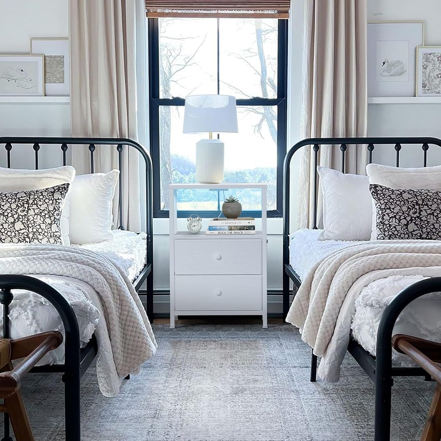 White Nightstand with Charging Station, LED Night Stand with 2 Fabric Drawers, Bedside Table with USB Ports and Outlets, Nightstand for Bedroom Modern