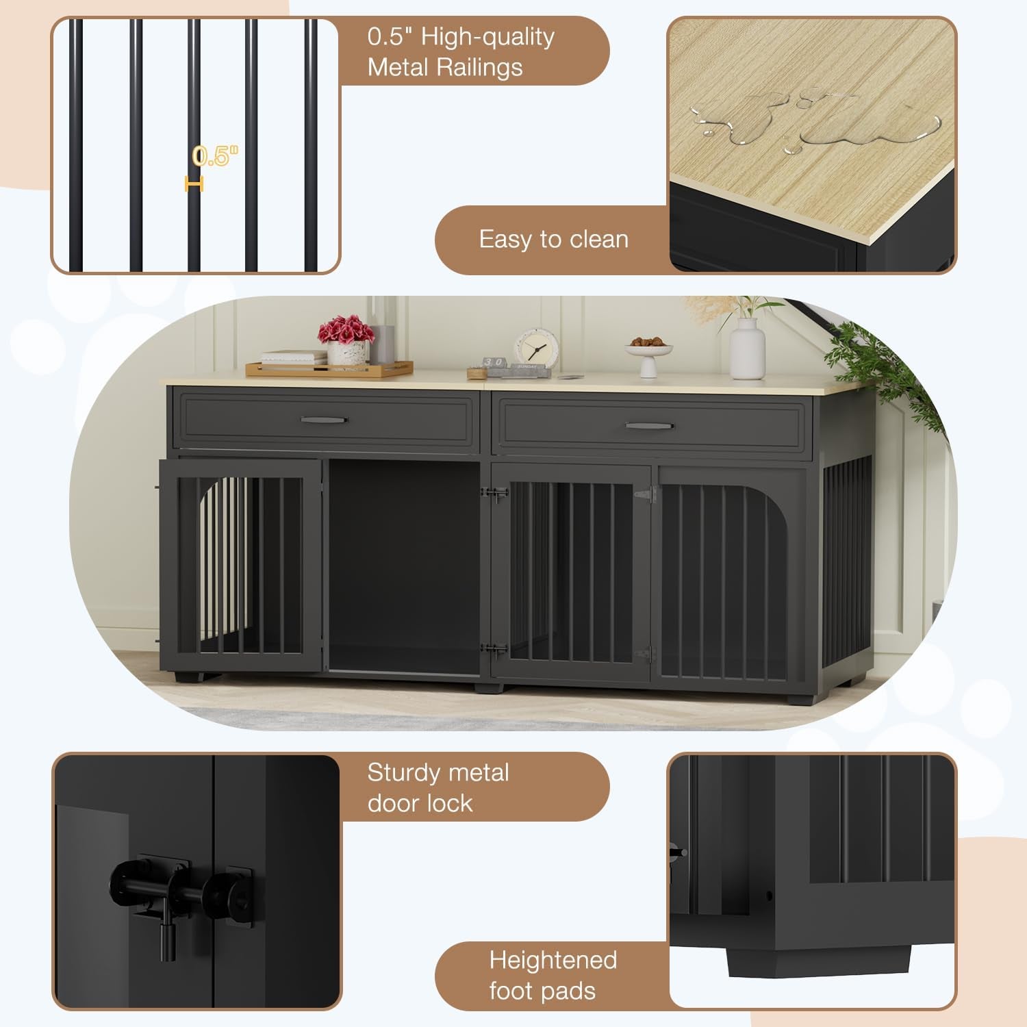 74.8'' Dog Crate Furniture, Wooden Dog Crate with 2 Drawers and Removable Divider, Heavy Duty Dog Kennel Indoor TV Stand for Small Large Medium Dogs, White