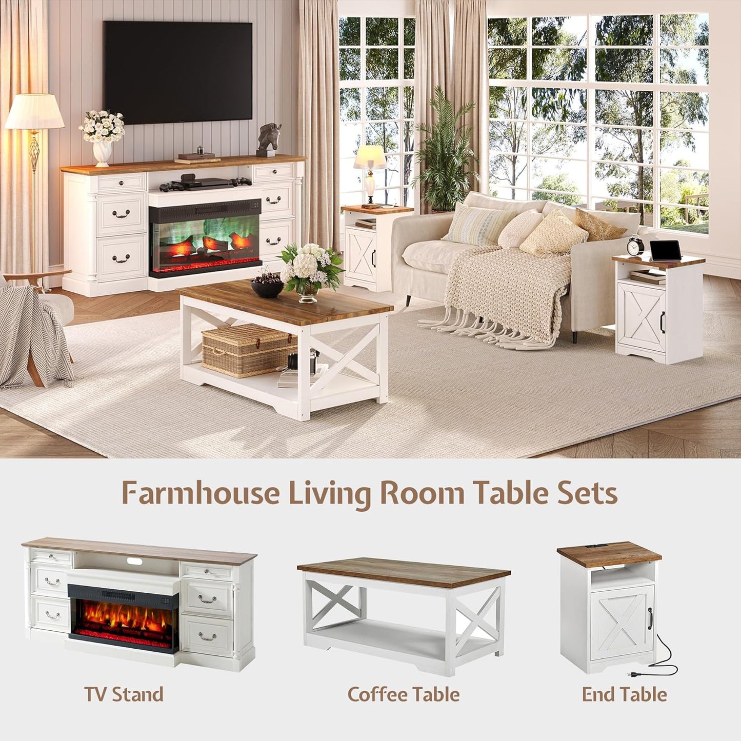 3-Piece Farmhouse Living Room Table Sets, Includes 1 X Coffee Table, 2 X End Tables with Charging Station & USB Ports, Rustic Coffee Table Set of 3, Distressed White