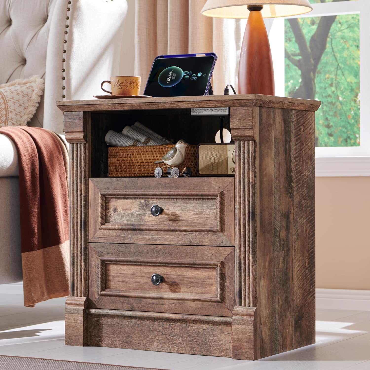 26" Tall Nightstand with Charging Station, Farmhouse 23.6" Wide Large End Table W/Roman Column, Wood Rustic Side Table W/Open Shelf, 2 Drawers Dresser for Bedroom, Living Room, Light Brown