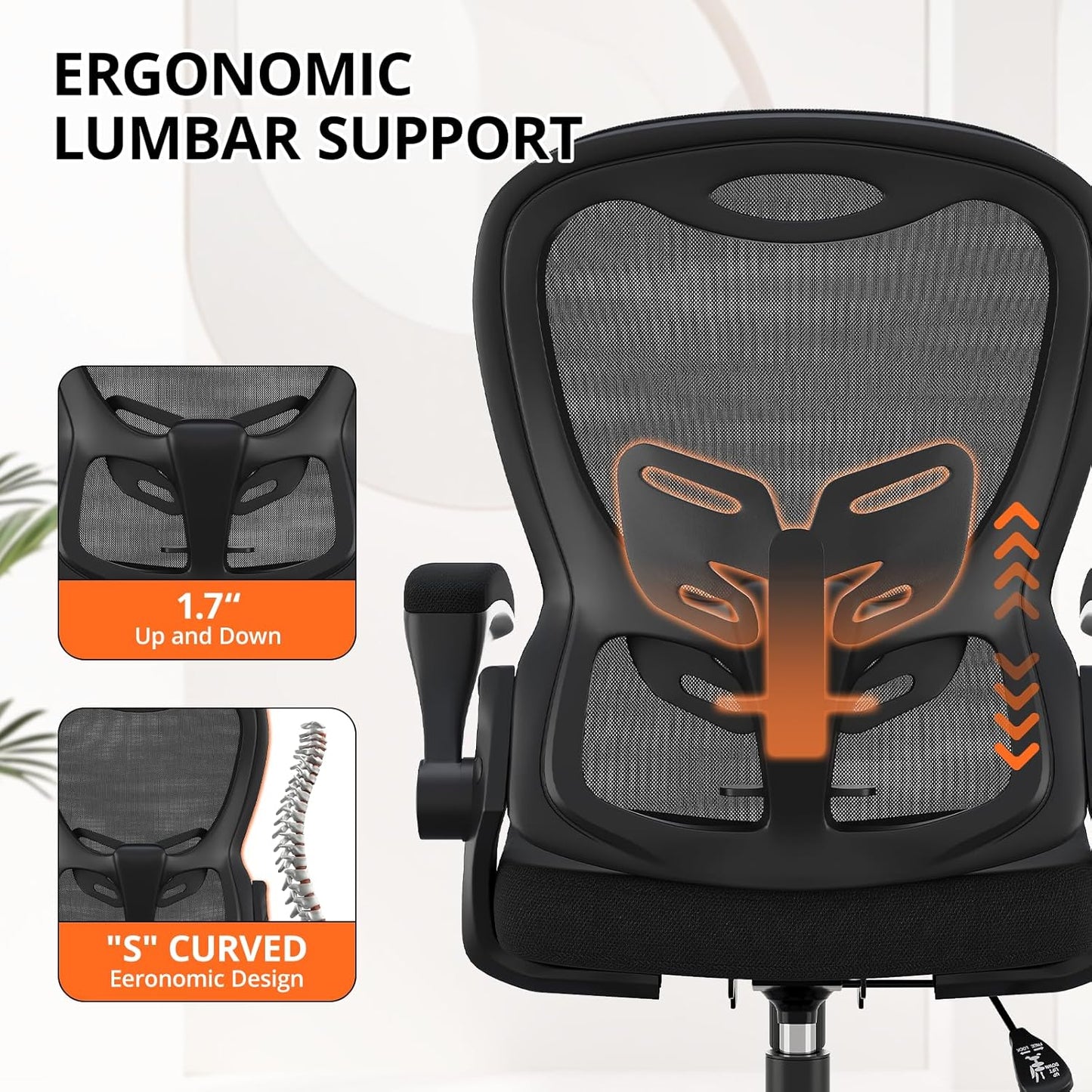 Office Chair, Ergonomic Desk Chair Breathable Mesh Chair with Adjustable High Back Lumbar Support Flip-Up Armrests, Long Hours Comfortable Computer Chair for Home Office, Black