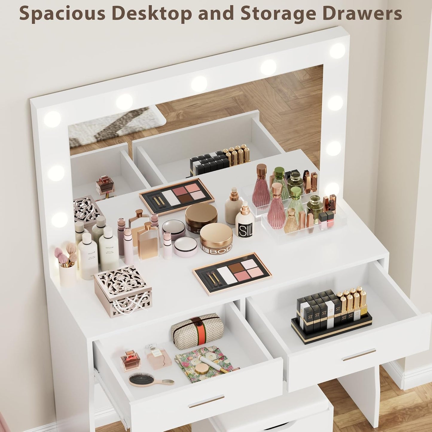 Vanity Desk Set with Large Lighted Mirror, 35.4 Inch Makeup Vanity Table with 2 Drawers, Cushioned Storage Stool, 3 Lighting Modes Brightness Adjustable, Dressing Table for Bedroom (White)